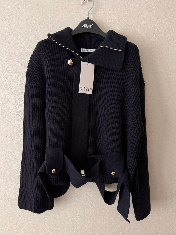 Kemerli Lacivert Kadın Triko Hırka - Görsel 2