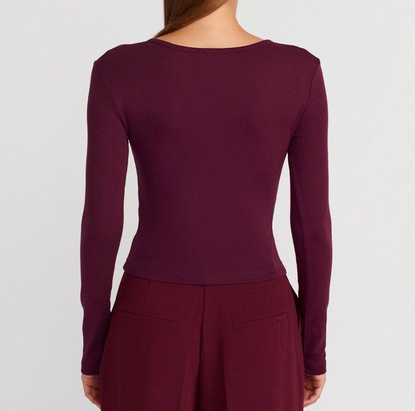 Bordo Uzun Kollu Düğmeli Kadın Bluz - Görsel 2