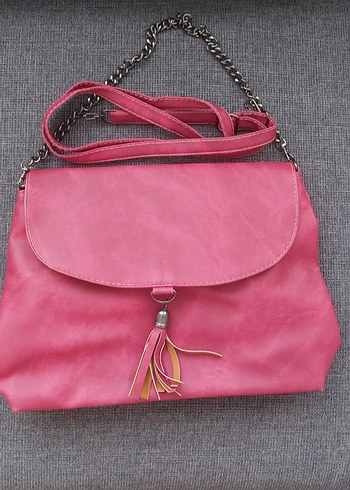 Püsküllü Pembe Suni Deri Kadın Çanta