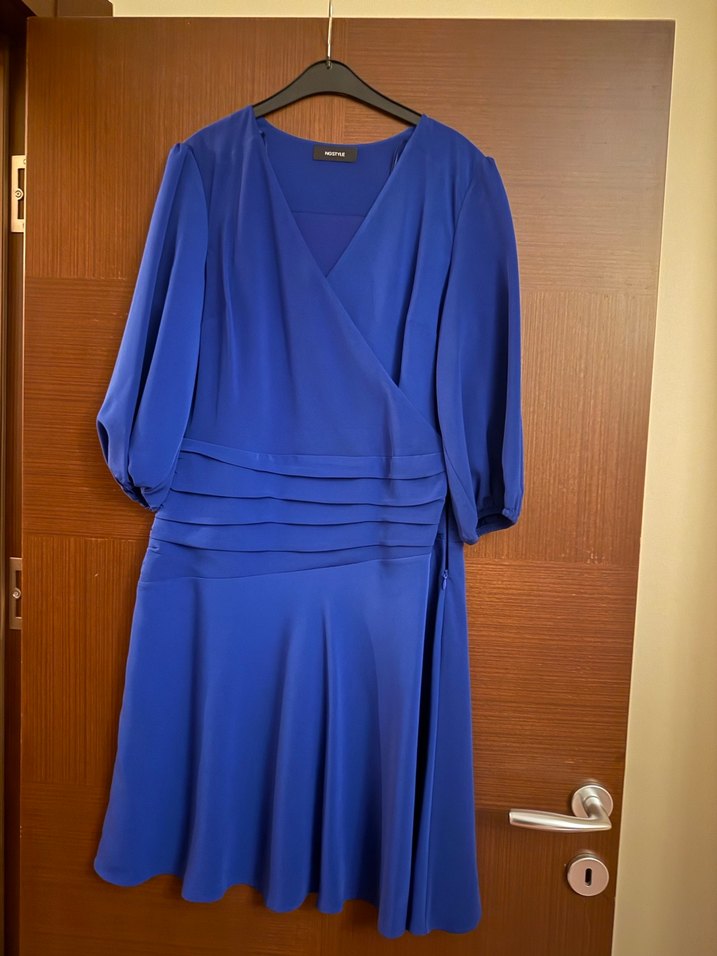 Ng style Mavi V Yaka Midi Drapeli Kadın Elbise - Görsel 3