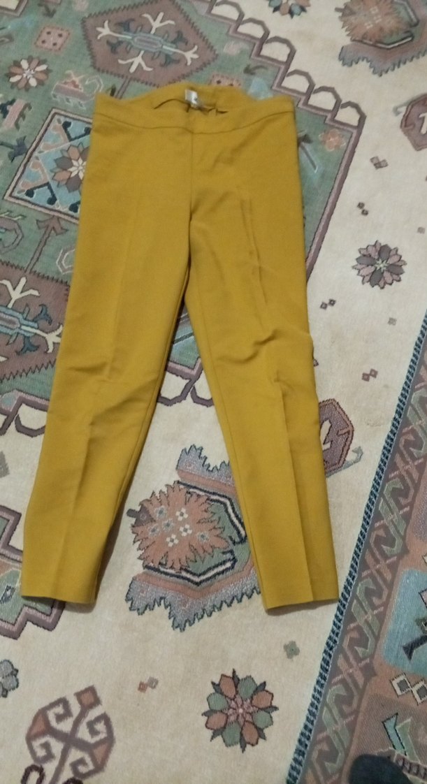 Sarı Midi Kumaş Pantolon, Kemerli, Rahat Kesim - Görsel 2