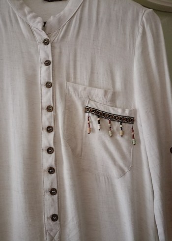 Uzun Kollu Düğmeli Bohem Beyaz Elbise - Görsel 2