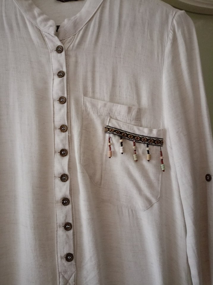 Uzun Kollu Düğmeli Bohem Beyaz Elbise - Görsel 2