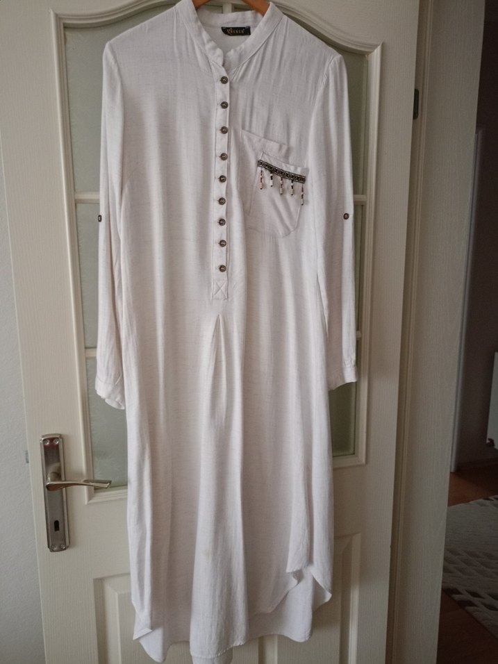 Uzun Kollu Düğmeli Bohem Beyaz Elbise - Görsel 3