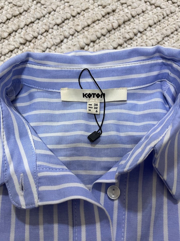 Koton Mavi Çizgili Kayık Yaka Düğmeli Kadın Gömlek - Görsel 4