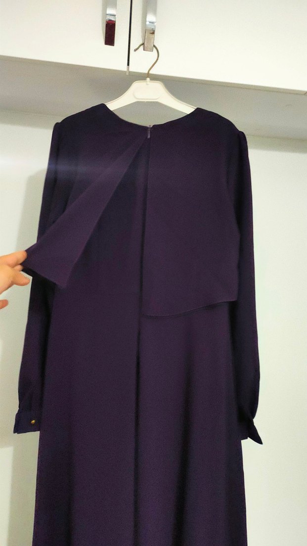Uzun Mor Kadın Elbise, Yüksek Yaka, Salaş Kesim - Görsel 4