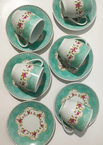 Pastel Turkuaz Çiçek Desenli 6'lı Fincan Takımı - Görsel 2