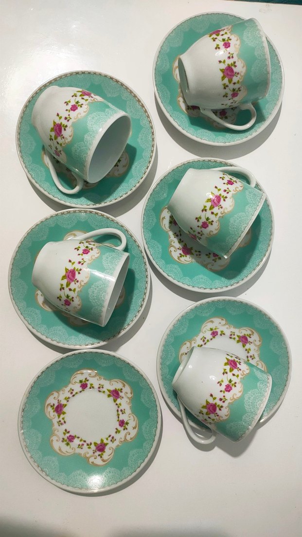 Pastel Turkuaz Çiçek Desenli 6'lı Fincan Takımı - Görsel 2