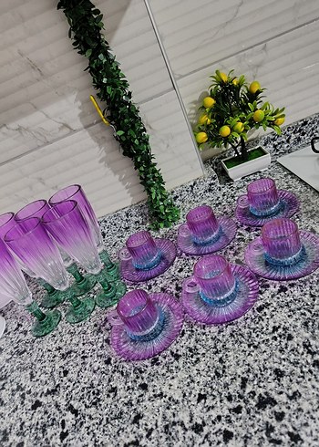 Renkli Mor Cam Kahve Fincanı ve Kadeh Seti - Görsel 3