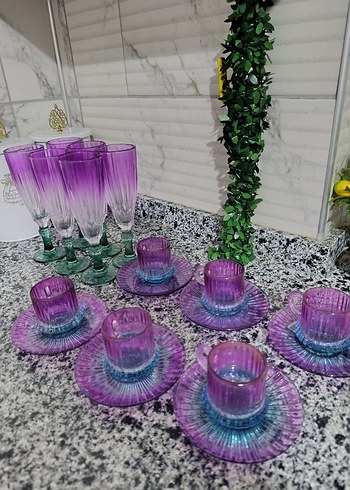 Renkli Mor Cam Kahve Fincanı ve Kadeh Seti - Görsel 2