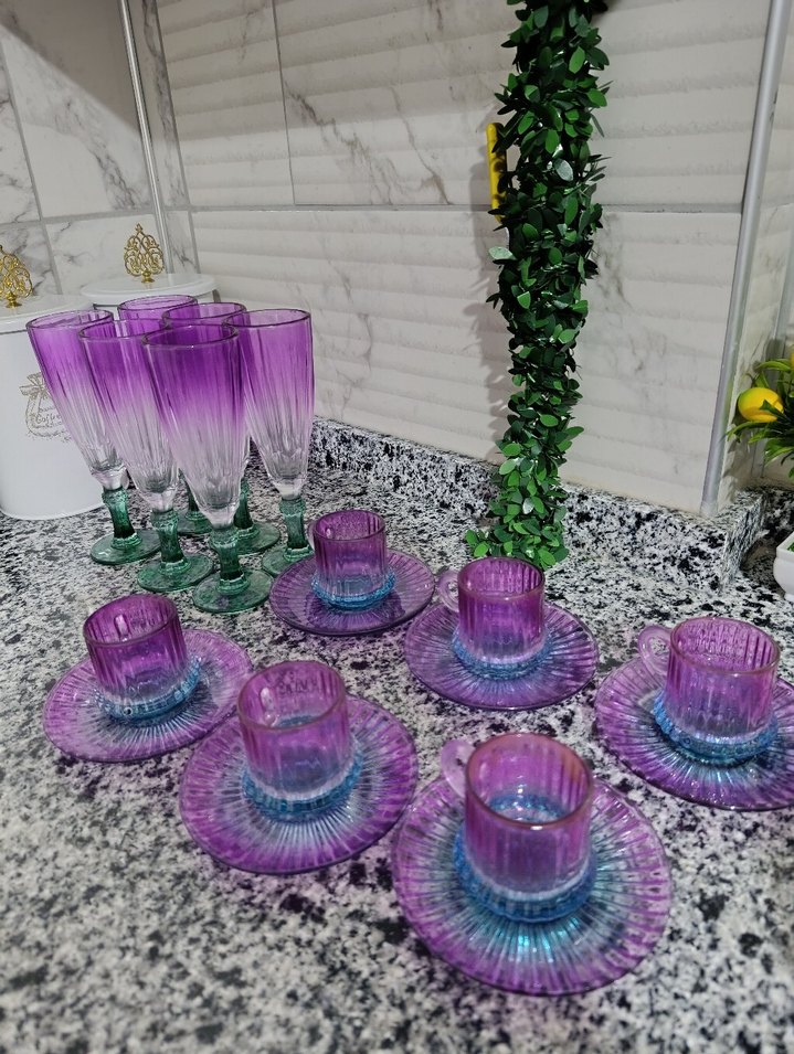 Renkli Mor Cam Kahve Fincanı ve Kadeh Seti - Görsel 2