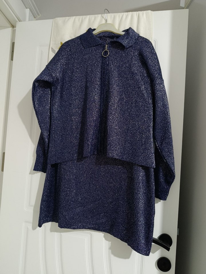 Lacivert Uzun Kollu Bağlama Desenli Triko Elbise - Görsel 3