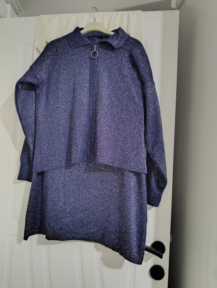 Lacivert Uzun Kollu Bağlama Desenli Triko Elbise - Görsel 2