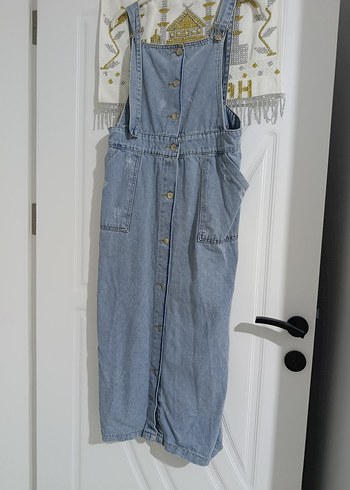 Kızlar için Nakışlı Düğmeli Denim Salopet - Görsel 3