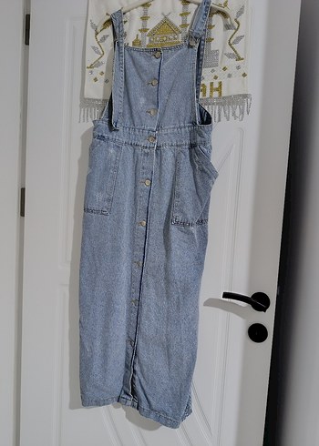 Kızlar için Nakışlı Düğmeli Denim Salopet - Görsel 2