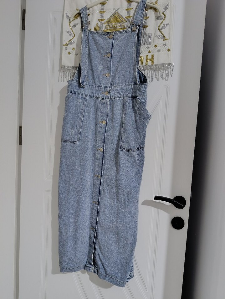 Kızlar için Nakışlı Düğmeli Denim Salopet - Görsel 2