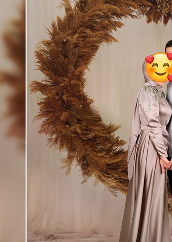 Bej Uzun Kollu Yüksek Yakalı Kadın saten abiye - Görsel 2