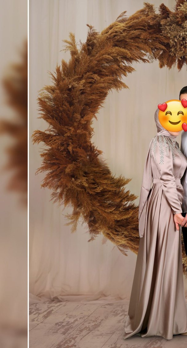 Bej Uzun Kollu Yüksek Yakalı Kadın saten abiye - Görsel 2