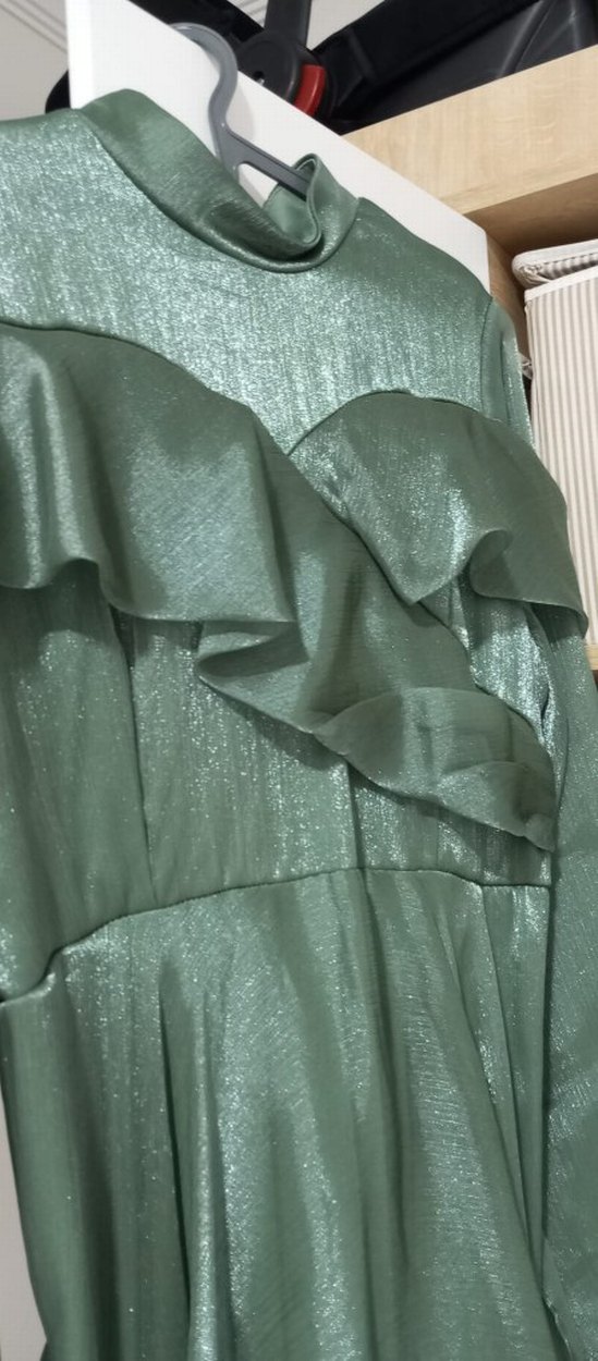 Turkuaz Drapeli Uzun Kadın Elbise - Görsel 3