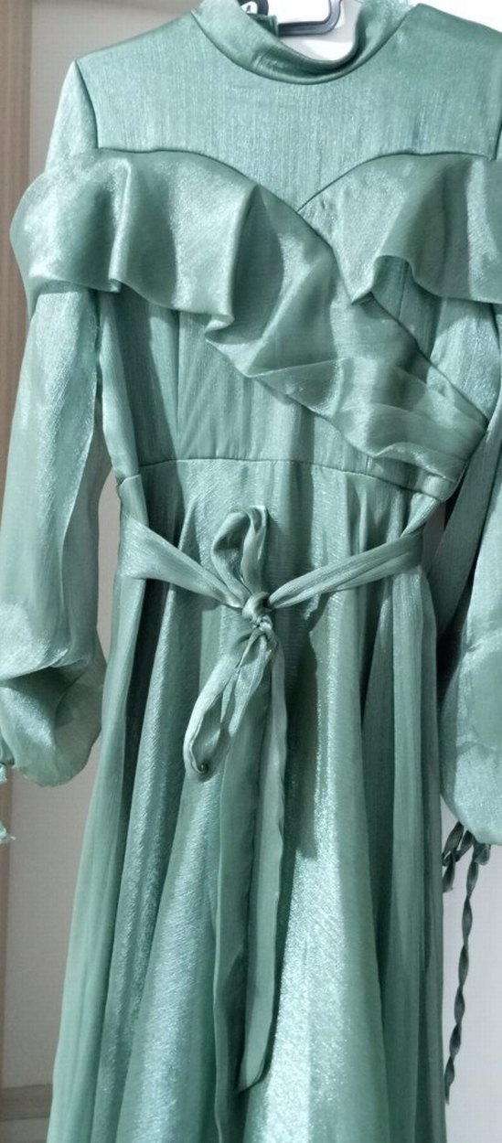 Turkuaz Drapeli Uzun Kadın Elbise - Görsel 2