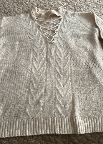 Gri V Yaka Bohem Örgü Kadın Kazak - Görsel 4