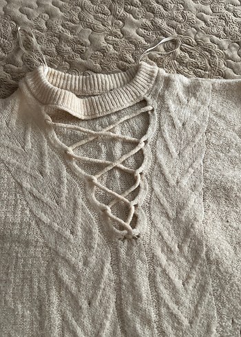 Gri V Yaka Bohem Örgü Kadın Kazak - Görsel 2