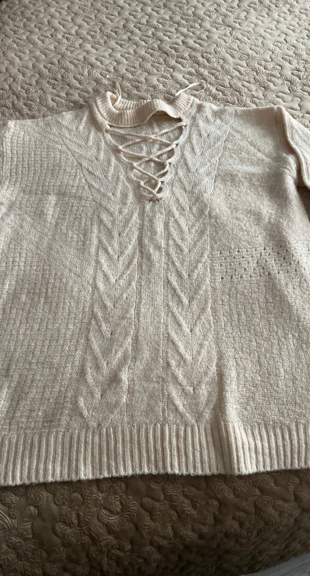 Gri V Yaka Bohem Örgü Kadın Kazak - Görsel 4