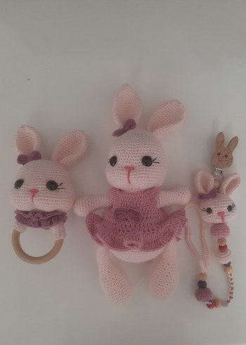 Pembe Örgü Tavşan Diş Kaşıyıcı ve Çıngırak - Görsel 4