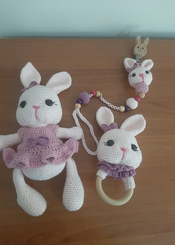 Pembe Örgü Tavşan Diş Kaşıyıcı ve Çıngırak - Görsel 6