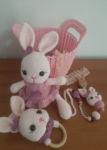 Pembe Örgü Tavşan Diş Kaşıyıcı ve Çıngırak - Görsel 5