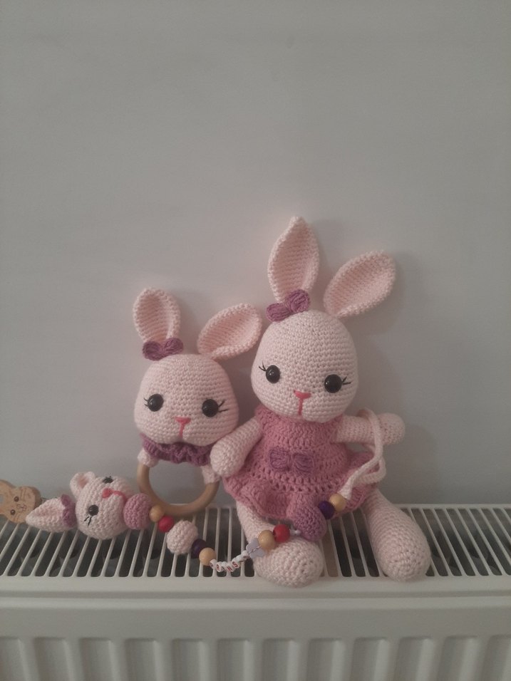 Pembe Örgü Tavşan Diş Kaşıyıcı ve Çıngırak - Görsel 2