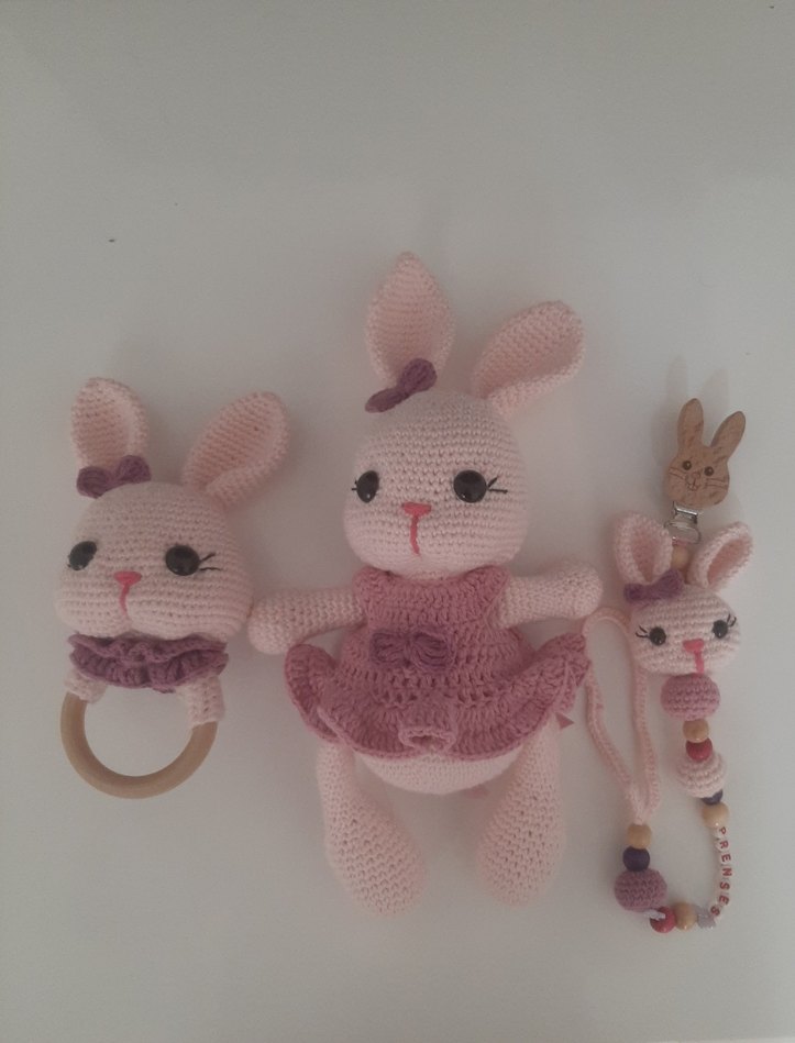 Pembe Örgü Tavşan Diş Kaşıyıcı ve Çıngırak - Görsel 4