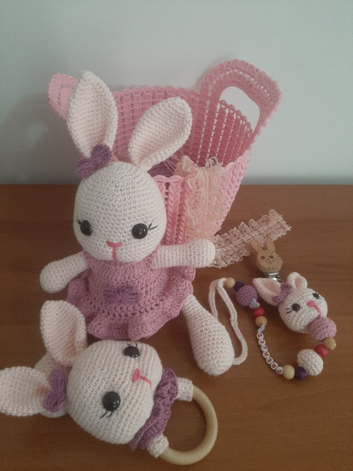 Pembe Örgü Tavşan Diş Kaşıyıcı ve Çıngırak - Görsel 5