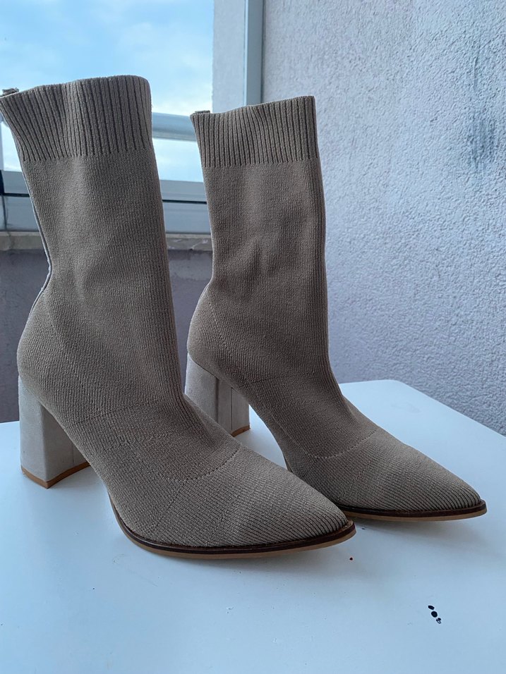Bej Süet Örgü Detaylı Kadın Topuklu Bot Yeni - Görsel 2