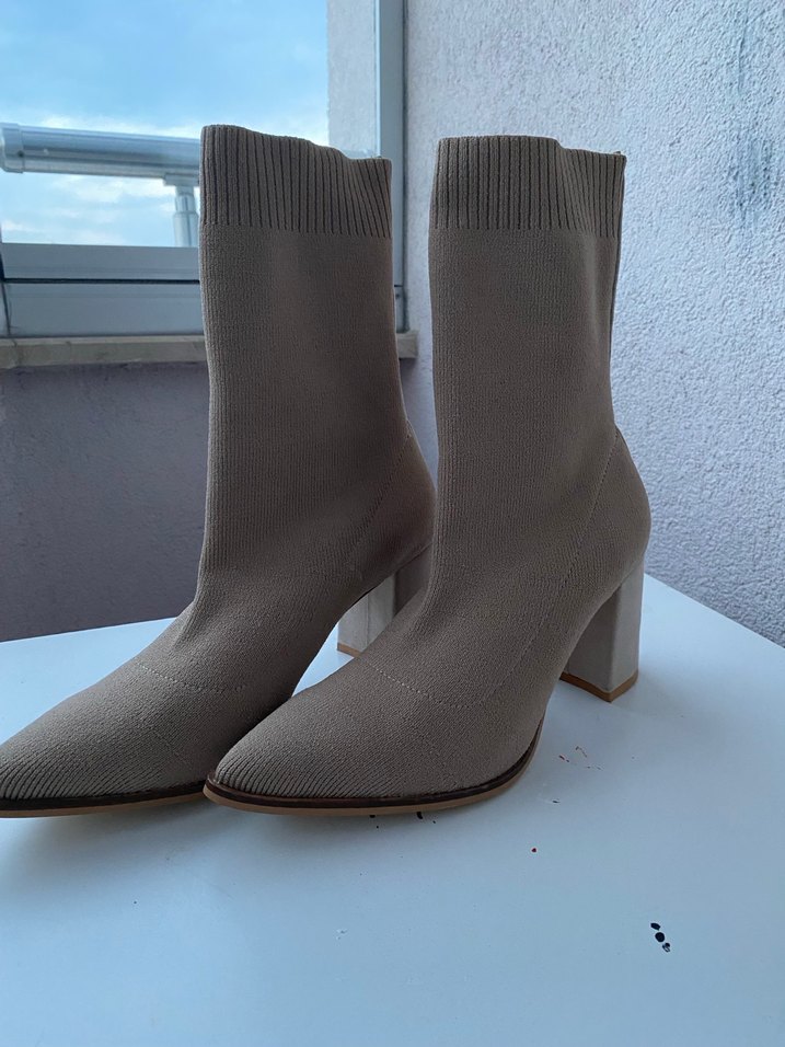 Bej Süet Örgü Detaylı Kadın Topuklu Bot Yeni - Görsel 4