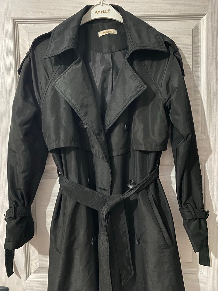 Siyah Kemerli Uzun Kadın Trençkot - Görsel 2