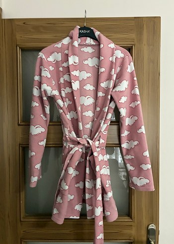 Pembe Bulut Desenli Uzun Kollu Kadın sabahlık - Görsel 6