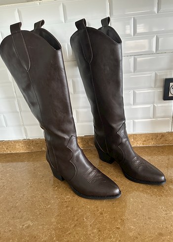 Kahverengi Deri Diz Üstü Kadın Çizme - Görsel 2