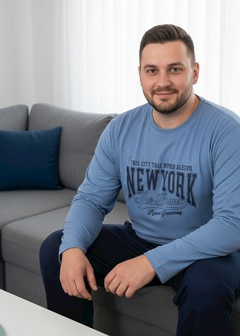 Mavi Uzun Kollu Erkek Pijama Takımı - Görsel 5