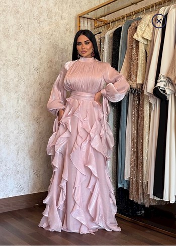 38 Beden pembe Renk Pembe Drapeli Uzun Abiye Elbise
