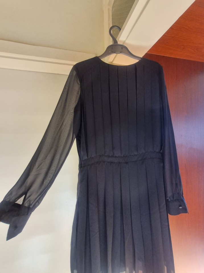 Uzun Tül Kollu Piliseli Siyah Kadın Elbise - Görsel 4