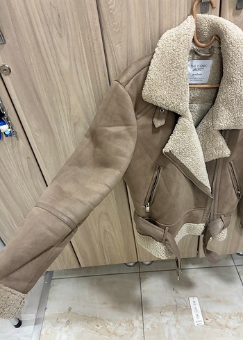 l Beden camel Renk Kürklü Bej Deri Kadın Ceket