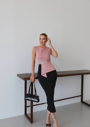 Beyaz Kemerli Kolsuz Mini Ofis Elbisesi - Görsel 11