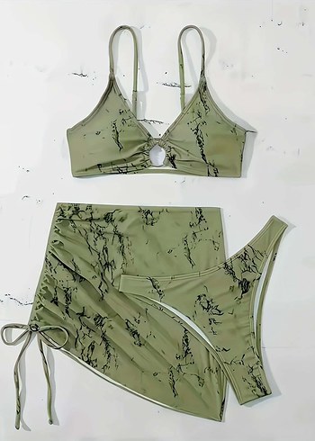 m Beden yeşil Renk 3 Parçalı Desenli Drapeli Mini Bikini