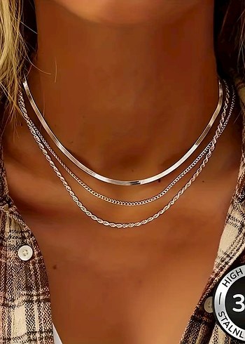 Zincir Detaylı Gümüş Kaplama Bohem Midi Kolye - Görsel 4