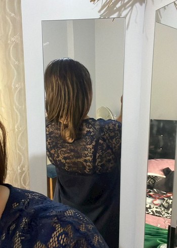 lacivert V Yaka Şeffaf Kısa Kollu Midi Elbise - Görsel 3