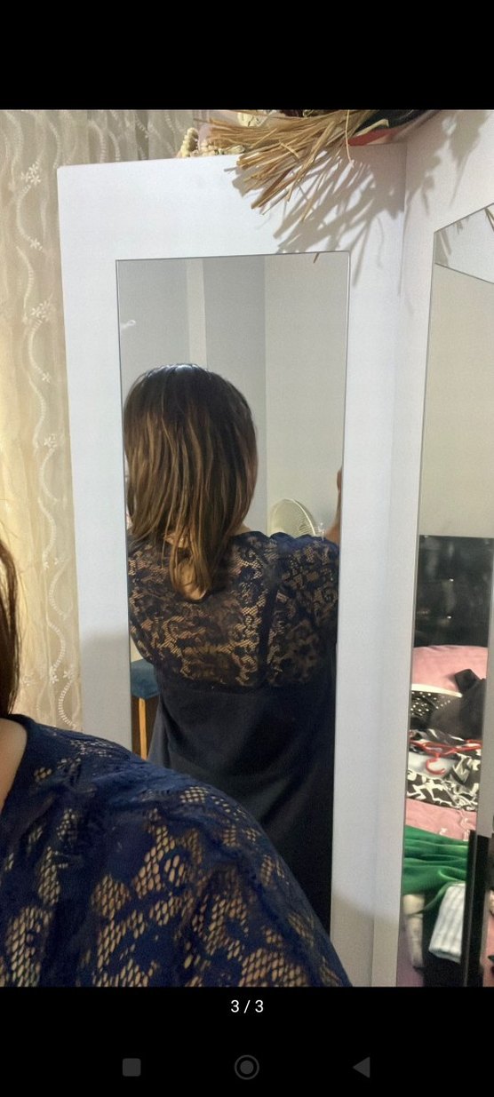 lacivert V Yaka Şeffaf Kısa Kollu Midi Elbise - Görsel 3