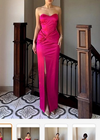 Koyu Pembe Drapeli Straplez Uzun Abiye Elbise - Görsel 2