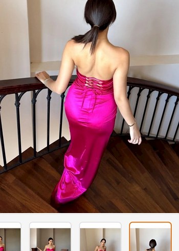 Koyu Pembe Drapeli Straplez Uzun Abiye Elbise - Görsel 3