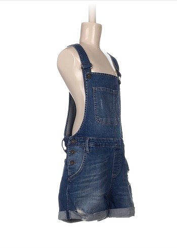 Kadın Lacivert Denim Askılı Şort Tulum - Görsel 2